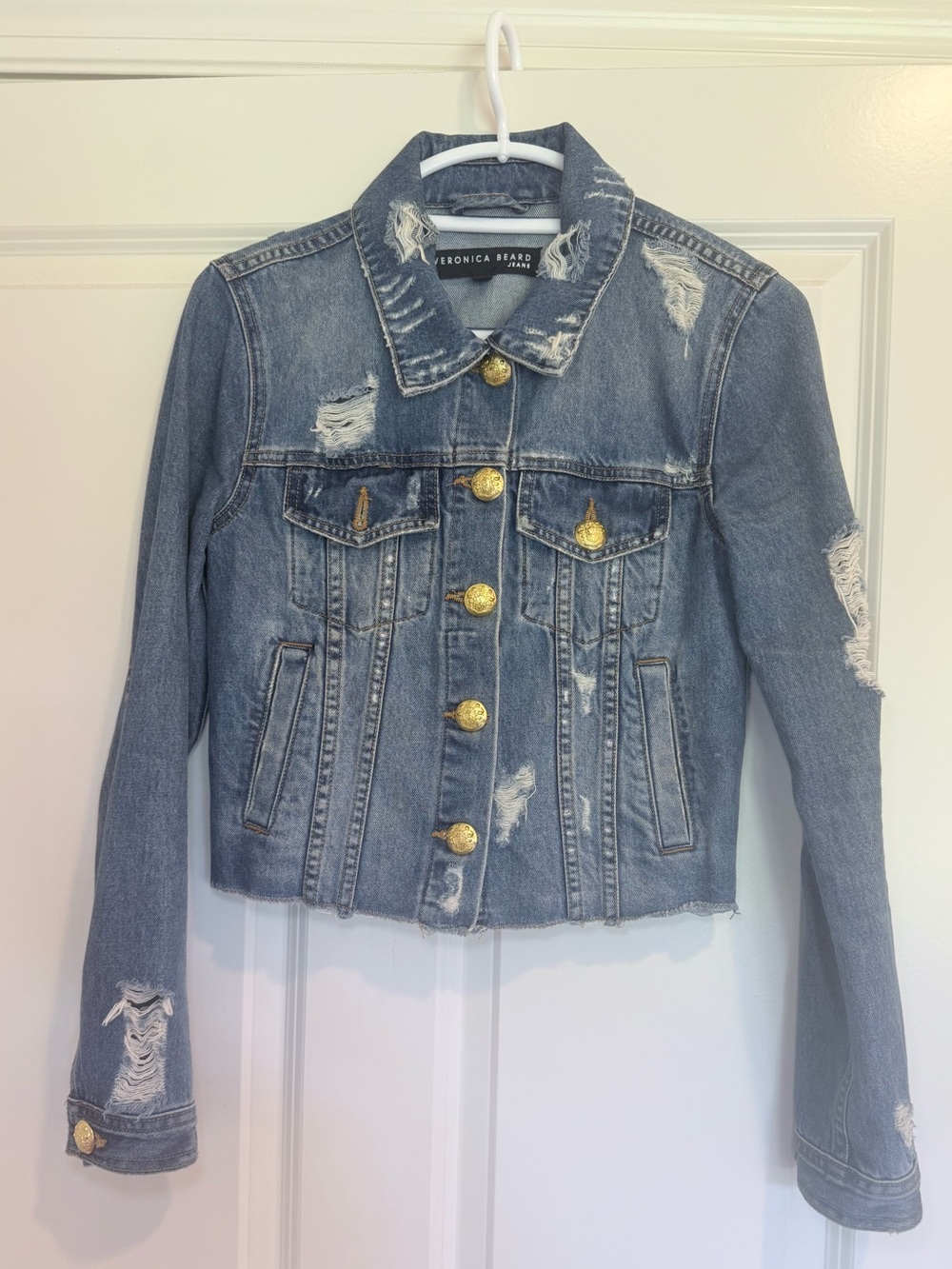 Veronica Beard Light Blue Distressed Cropped Denim Jacket